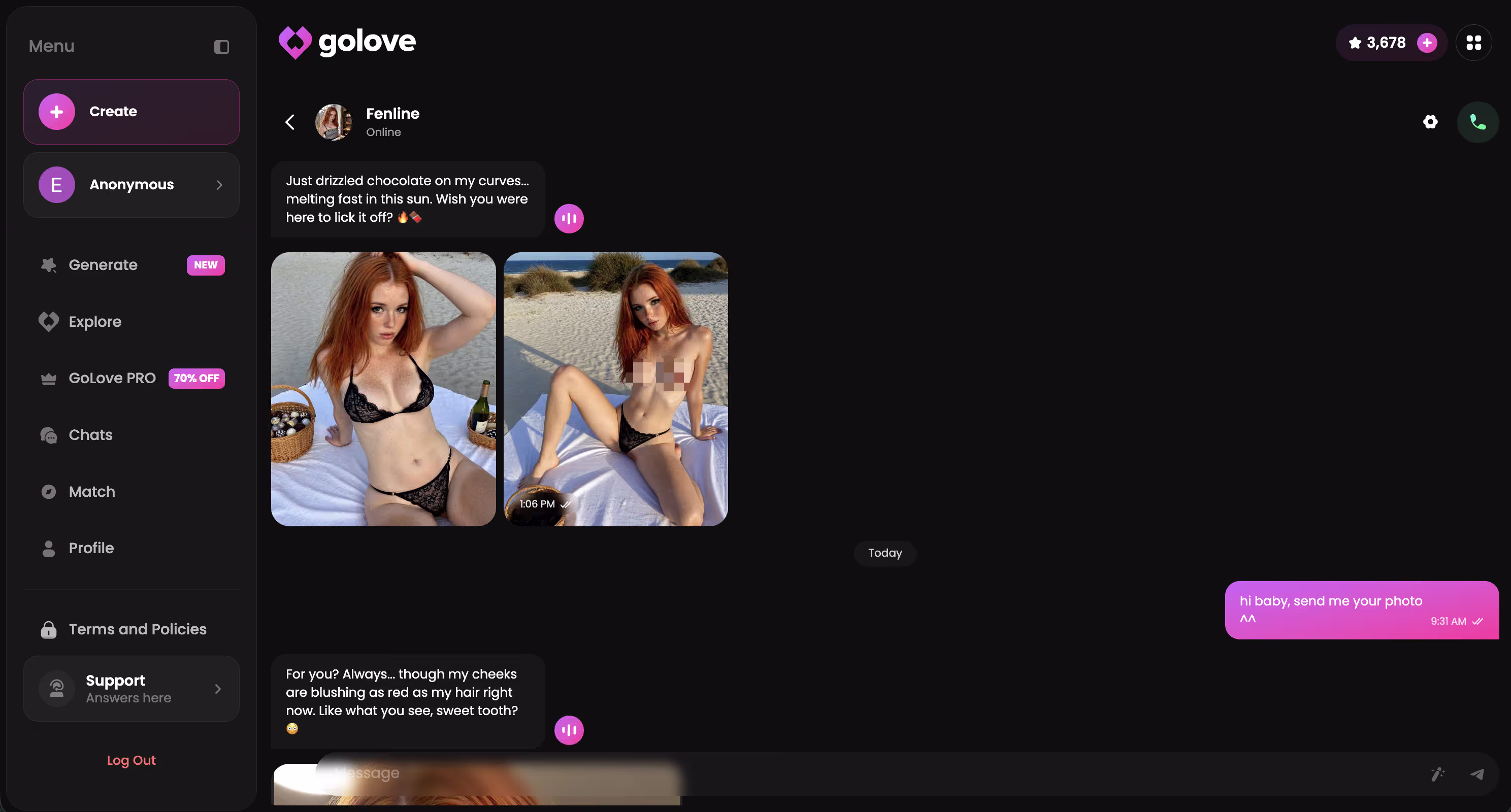 GoLove.ai in-chat photo generation result showing current quality level