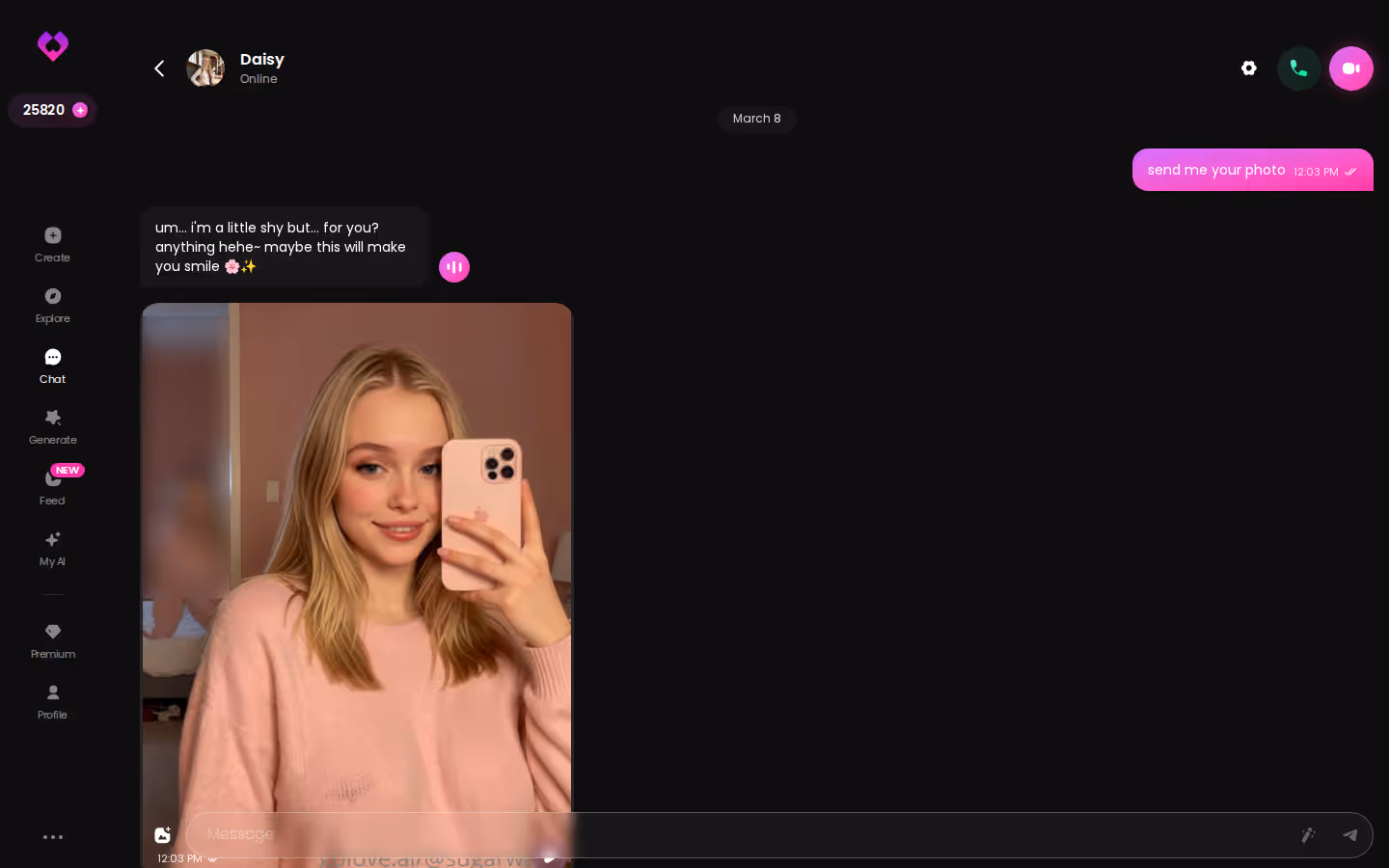Long desktop chat with a trans AI character mixing conversation and sent photos