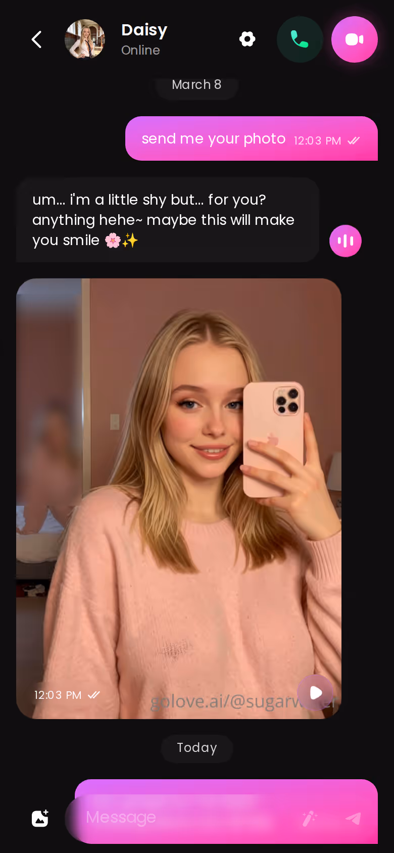 GoLove chat thread on mobile with photos and voice messages inline