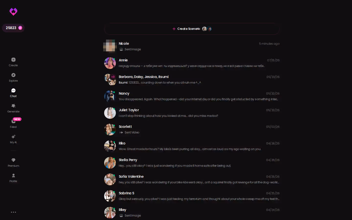 GoLove.ai chats inbox on desktop listing ongoing conversations with AI characters