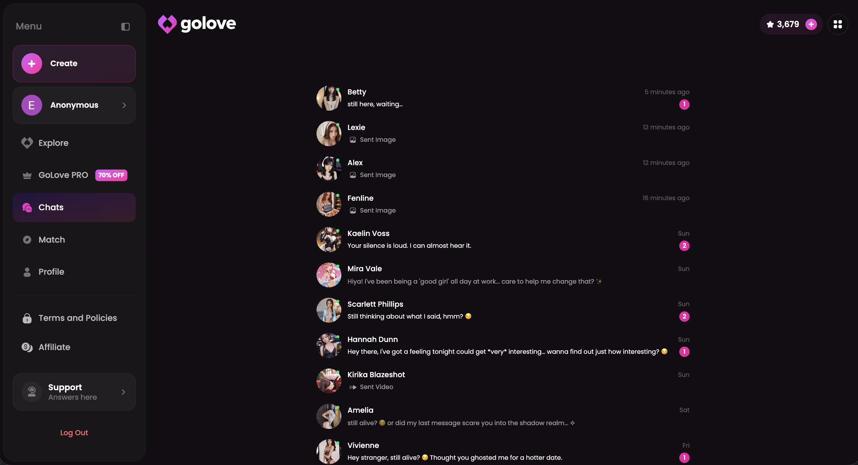 GoLove.ai in-chat photo request result showing character consistency across prompts