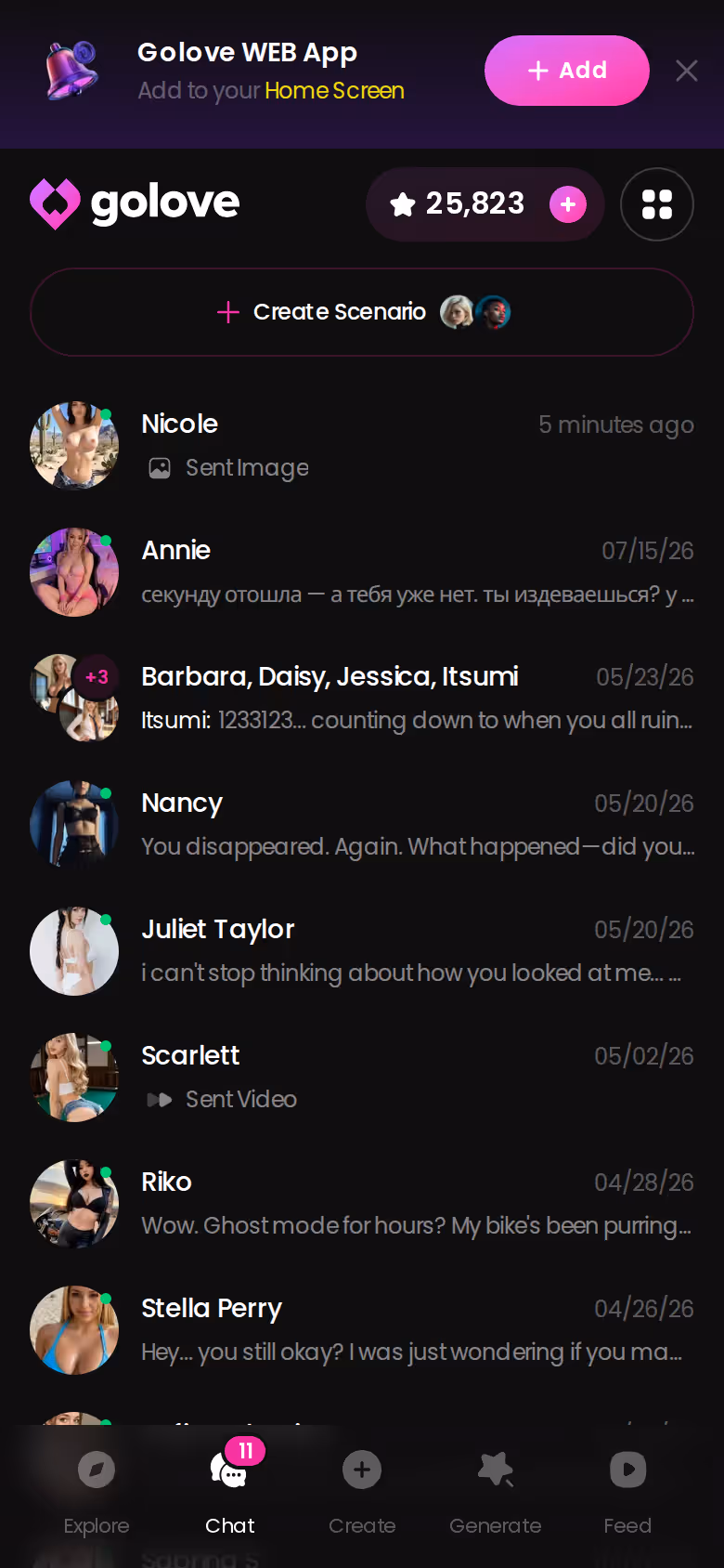 GoLove.ai chats list on mobile showing character previews