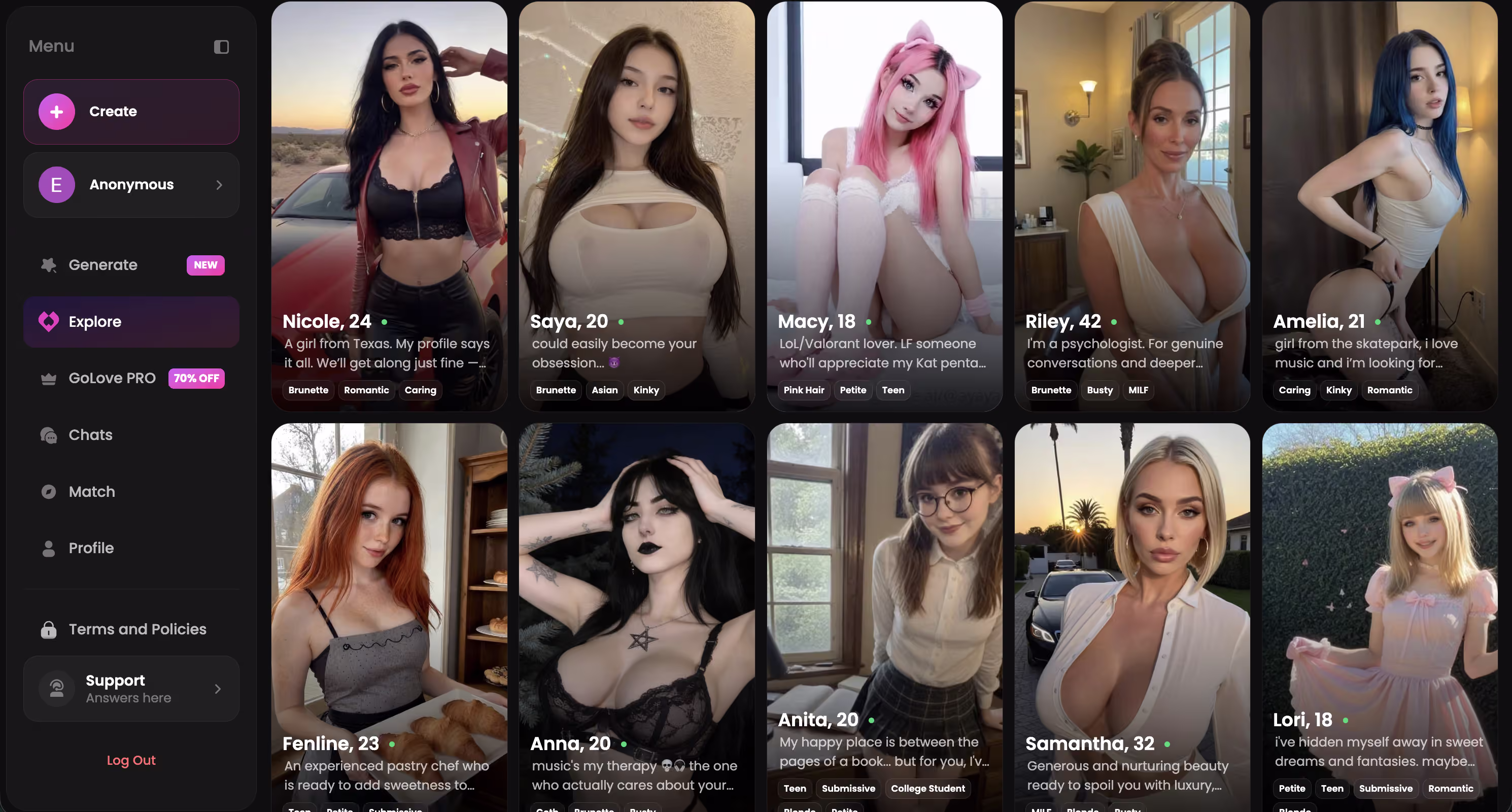 GoLove.ai character browse surface showing realistic companion options
