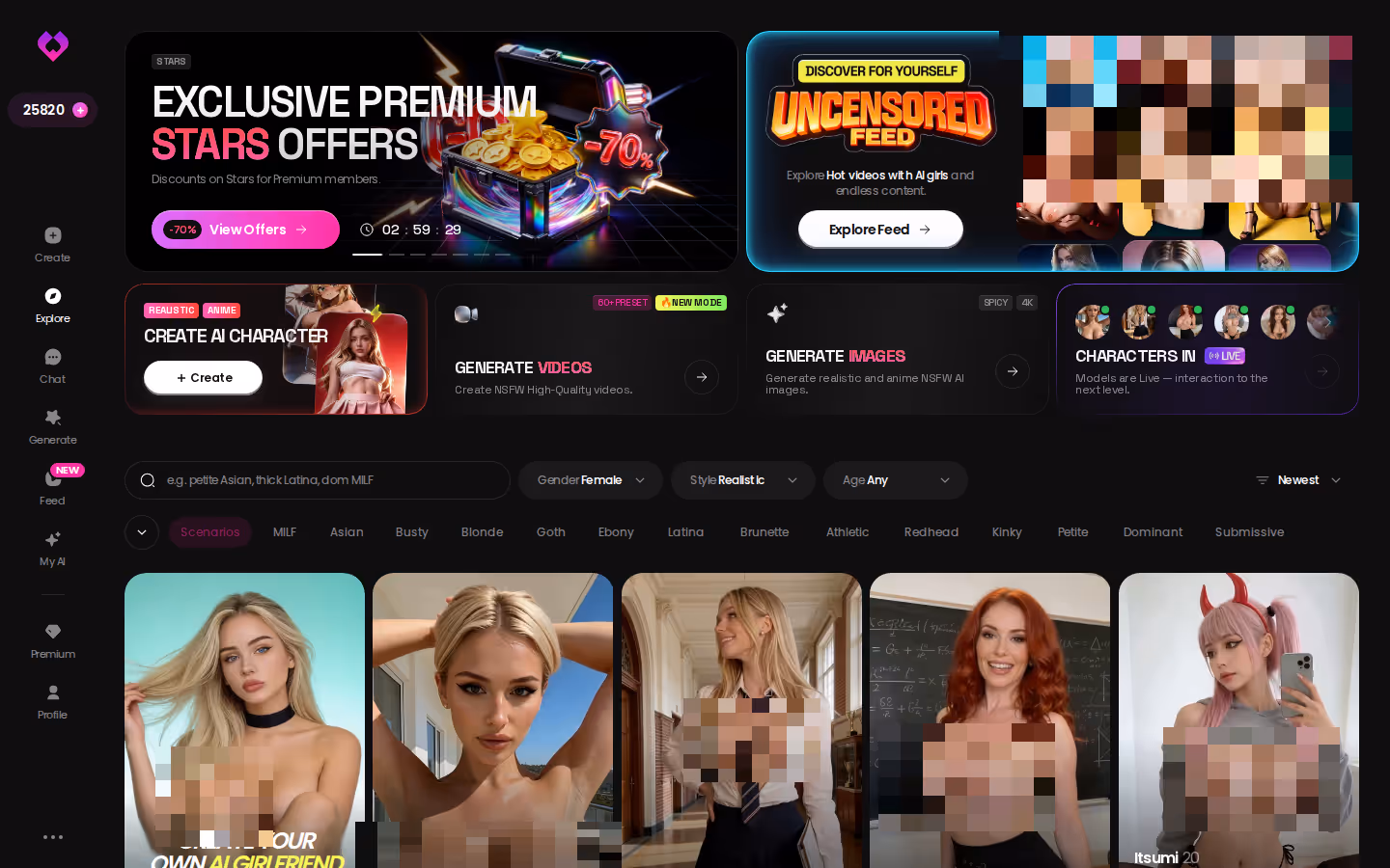 GoLove.ai Explore top — promo banners, tag filters and the character grid — best anonymous trans ai dating apps