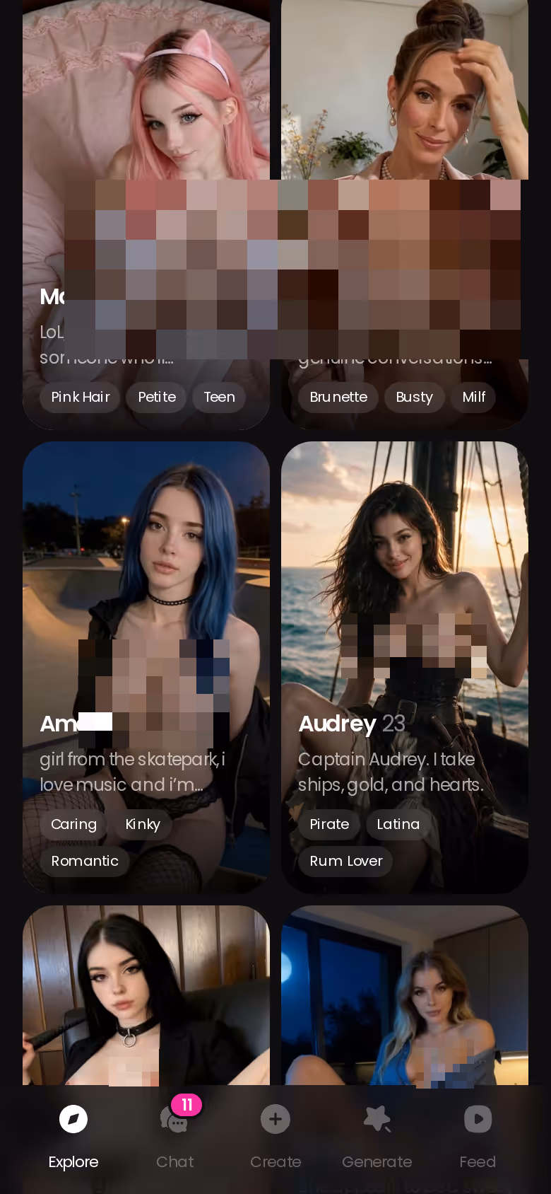 GoLove Explore on mobile showing realistic AI characters to swipe and tap into chat