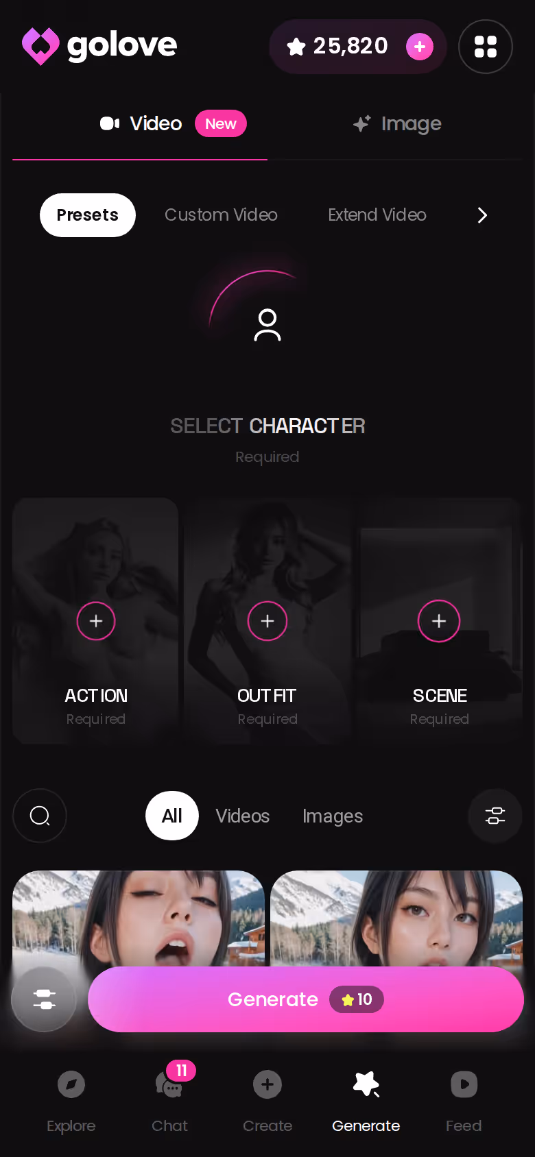 GoLove Generate hub on mobile with Video and Image tabs