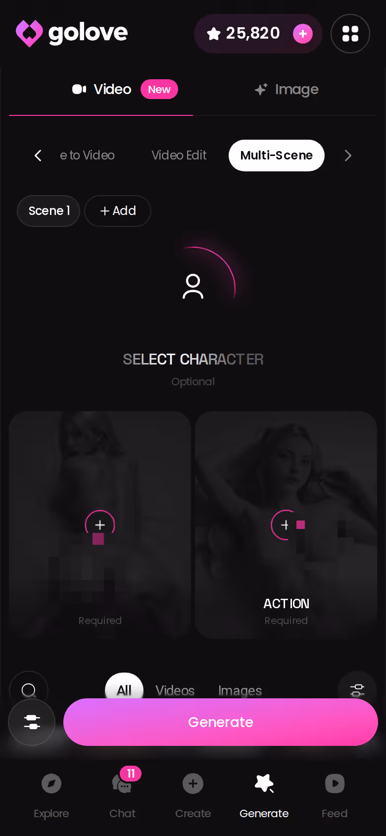 Multi Scene video builder on mobile turning a saved trans character photo into a clip